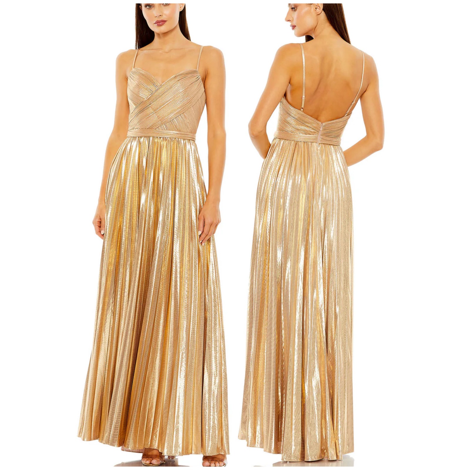 Mac Duggal Nwt Long Metallic Plisse Pleated Dress Sleeveless V-Neck Size 10 Gold